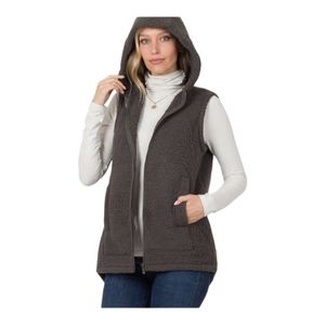 🔥New Zenana Soft Ash Grey Sherpa High-Low Hem Hooded Vest Sizes (M,L,XL)
